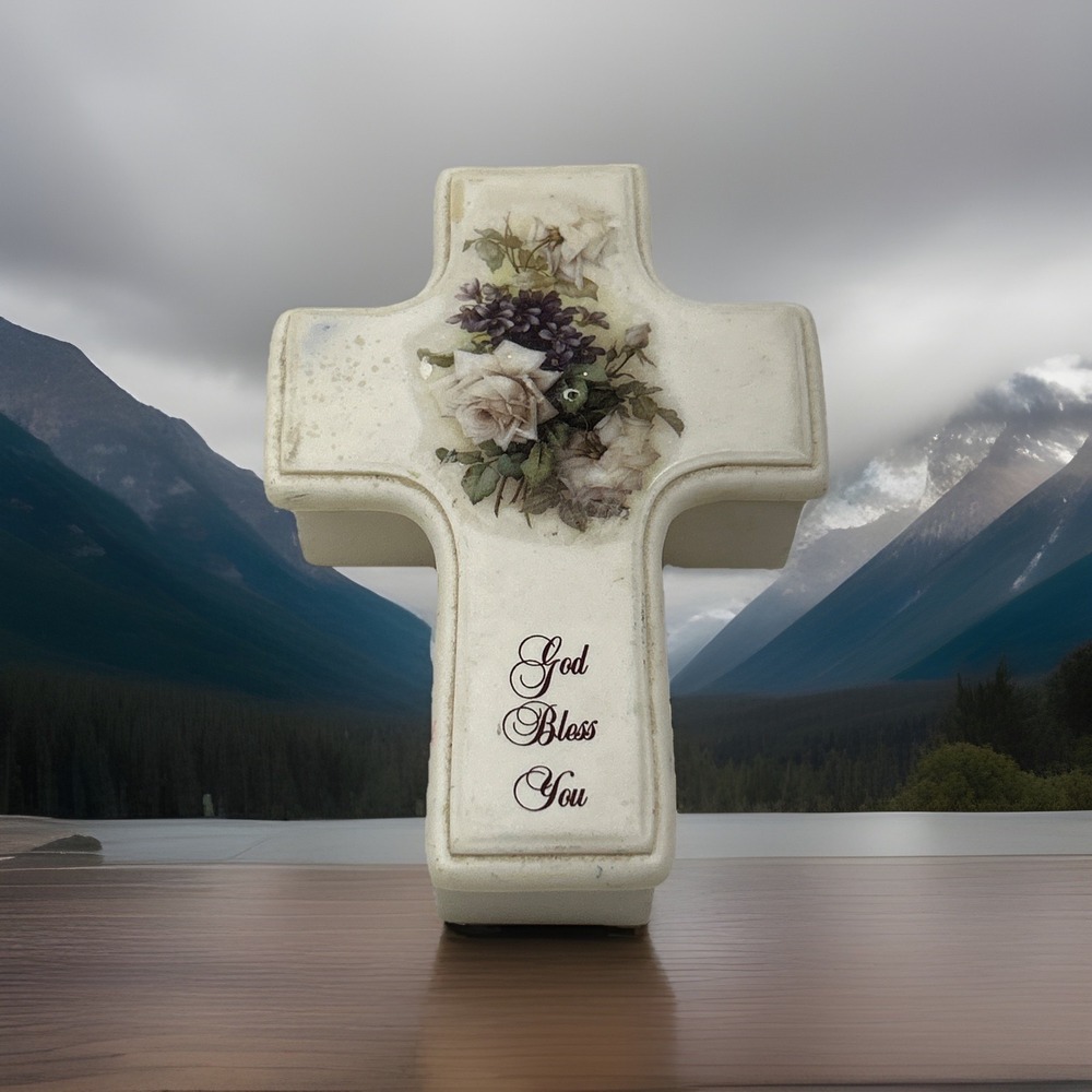 Vintage Cross Shaped Trinket Box God Bless You‎ Floral Ceramic Keepsake Lid